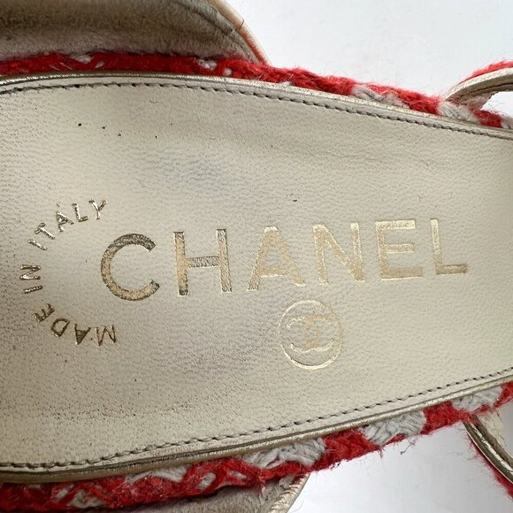 Chanel Red White Tweed Gold Chain Logo Strappy Block High Heels Sandals - Picture 7 of 10